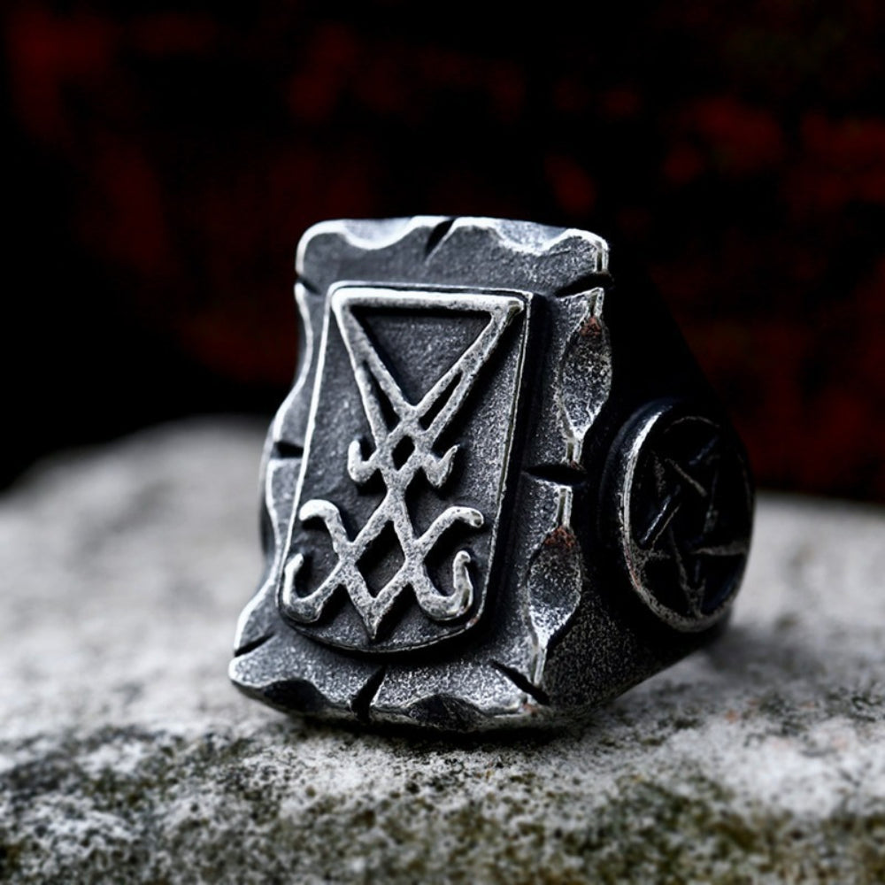 [ KERNEL_v8.4 ] LUCIFER SIGIL BATTERED SHIELD RING