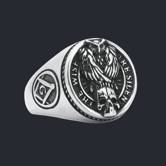 [ OVERCLOCK_#09W ] WISE SILENT OWL SKULL PUNK RING